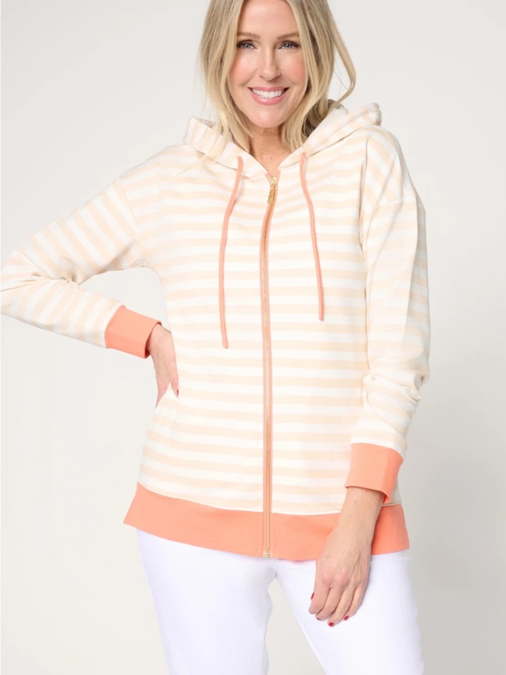 Belle by Kim Gravel Bright coral and White Striped Zip Hoodie
